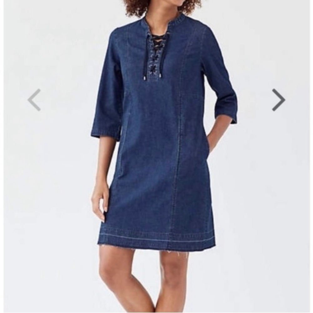 J. Jill Dark Blue Denim Shift Dress with Lace-Up Neckline